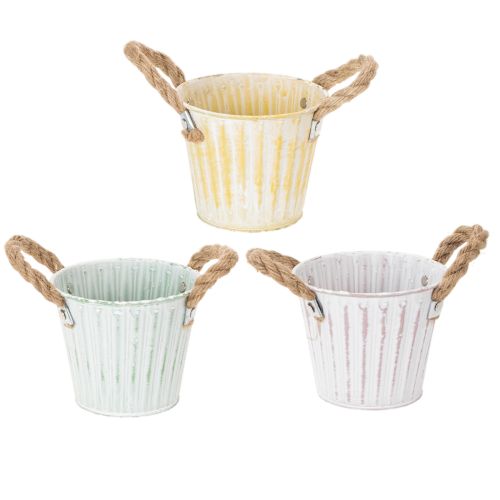 Floristik24 Planting bucket, metal pot with handles, decorative planter, pink/green/yellow, shabby chic, Ø12cm, H10cm, set of 3