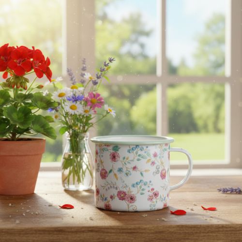 Product Planting cup roses enamel decorative cup with handle white Ø9.5cm