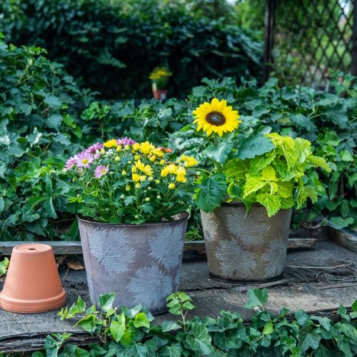 Product Plant pot, autumn decoration, metal vessel with leaves Golden Ø25.5cm H22cm