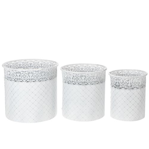 Product Plant pot with lace pattern, metal container, decorative bucket, white, silver, shabby chic, H28/25.5/23.5cm, Ø29.5/25.5/20cm, set of 3