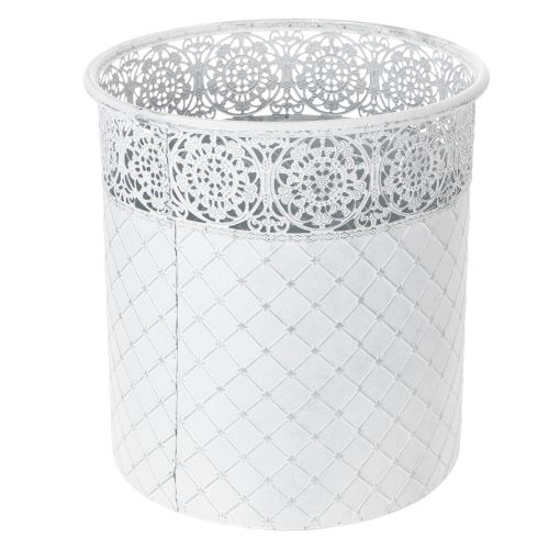 Product Plant pot with lace pattern, metal container, decorative bucket, white, silver, shabby chic, H28/25.5/23.5cm, Ø29.5/25.5/20cm, set of 3