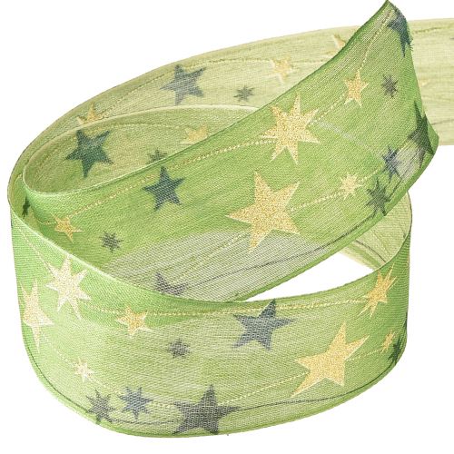Floristik24 Christmas ribbon with stars gift ribbon green with wire edge 40mm 15m