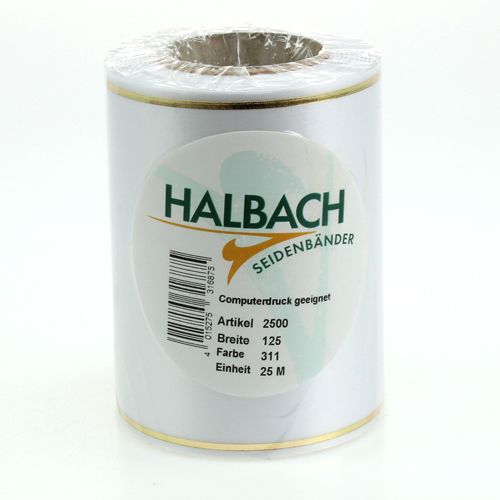 Product White wreath ribbon with gold edge for computer printing, satin ribbon, waterproof, 25m x 125mm