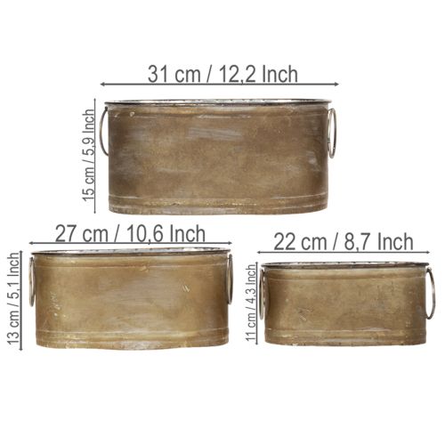 Set of metal plant pots and tubs, vintage retro style, L22.5cm/27cm/31cm | Floristik24.ie