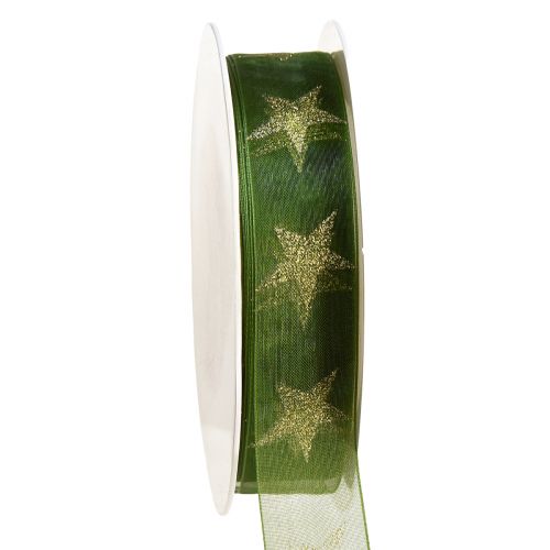 Floristik24 Star Ribbon Green Gold Organza Ribbon Christmas W25mm L18m