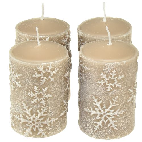Floristik24 Pillar Candles Beige Candles Snowflakes 100/65mm 4 Pcs