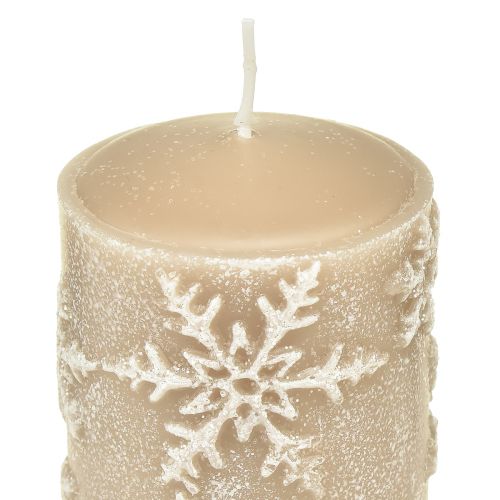 Floristik24 Pillar Candles Beige Candles Snowflakes 100/65mm 4 Pcs
