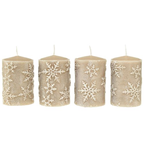 Floristik24 Pillar Candles Beige Candles Snowflakes 100/65mm 4 Pcs