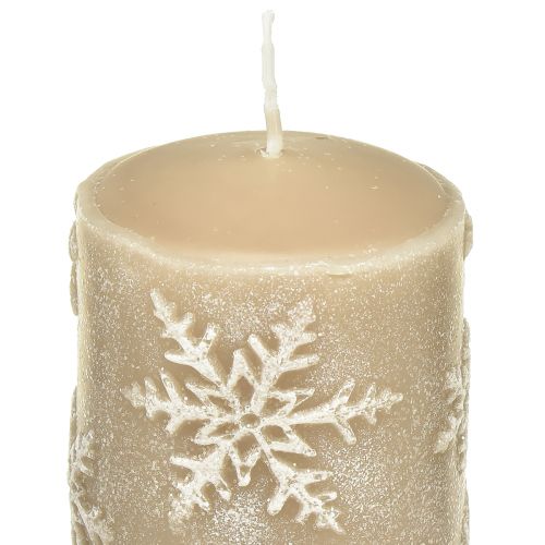 Floristik24 Pillar Candles Beige Candles Snowflakes 150/65mm 4 Pcs