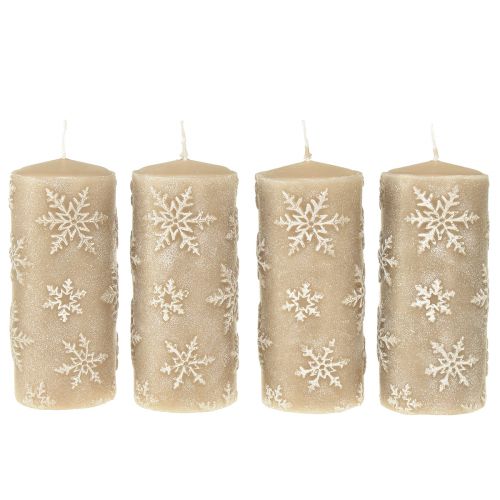 Floristik24 Pillar Candles Beige Candles Snowflakes 150/65mm 4 Pcs