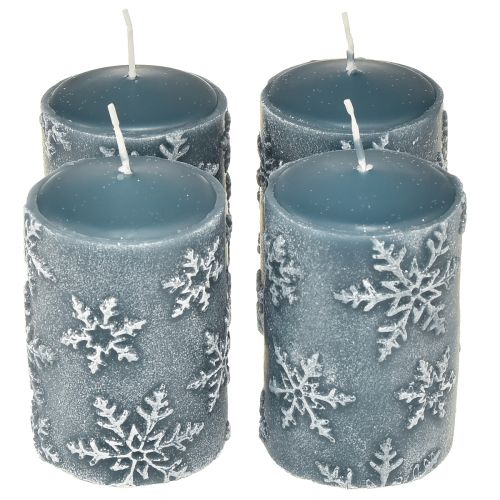 Floristik24 Pillar Candles Blue Candles Snowflakes 100/65mm 4 Pcs
