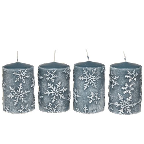 Floristik24 Pillar Candles Blue Candles Snowflakes 100/65mm 4 Pcs