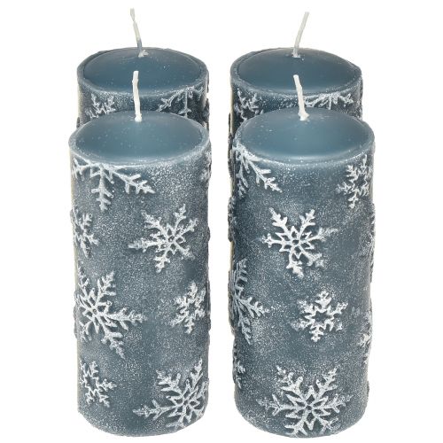 Floristik24 Pillar Candles Blue Candles Snowflakes 150/65mm 4 Pcs