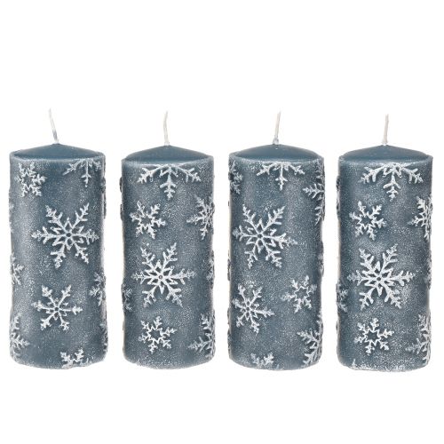 Floristik24 Pillar Candles Blue Candles Snowflakes 150/65mm 4 Pcs
