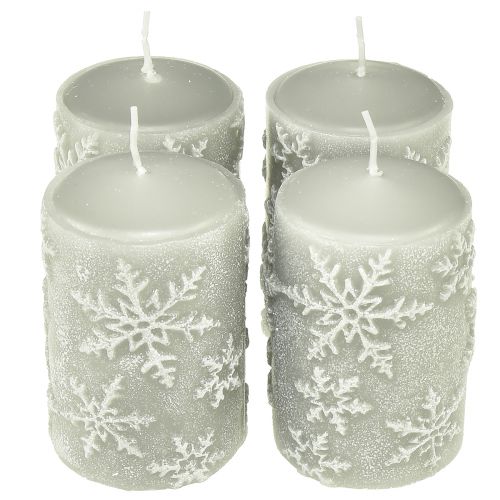 Floristik24 Pillar Candles Grey Candles Snowflakes 100/65mm 4 Pcs