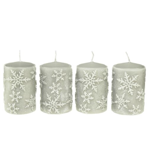Floristik24 Pillar Candles Grey Candles Snowflakes 100/65mm 4 Pcs