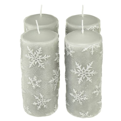 Floristik24 Pillar Candles Grey Candles Snowflakes 150/65mm 4 Pcs