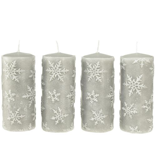Floristik24 Pillar Candles Grey Candles Snowflakes 150/65mm 4 Pcs