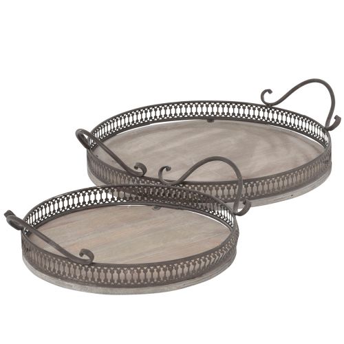 Tray with handles round tray antique brown Ø26/33cm set of 2