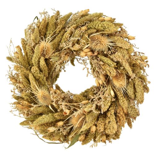Product Decorative dried wreath with teasels and millet in yellow-olive green, natural country style, Ø28cm, versatile wall and table decoration