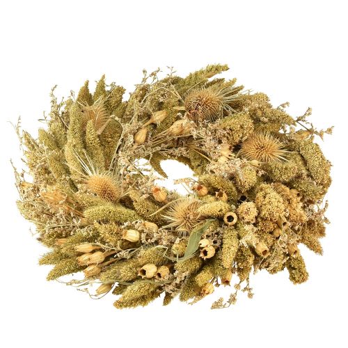 Product Decorative dried wreath with teasels and millet in yellow-olive green, natural country style, Ø28cm, versatile wall and table decoration