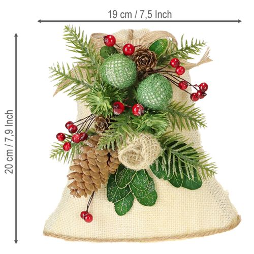 Product Rustic Christmas bells wall decoration, jute fir branches, pine cones