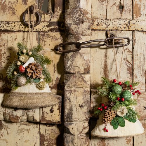 Product Rustic Christmas bells wall decoration, jute fir branches, pine cones