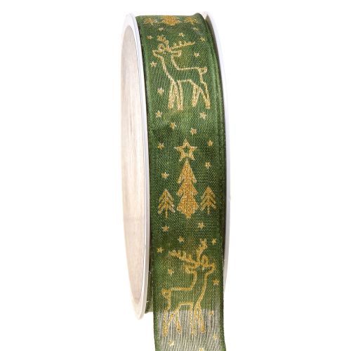 Product Christmas ribbon wire edge reindeer green gold W25mm L18m