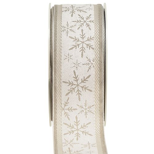 Christmas ribbon with snowflakes – winter ribbon with linen content white beige 40mm 12m