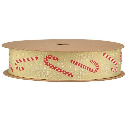 Product Christmas ribbon with candy canes gift ribbon beige 25mm 15m