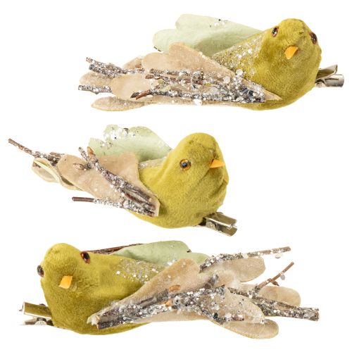 Product Christmas decoration bird on clip green, glitter 12cm 6pcs assorted