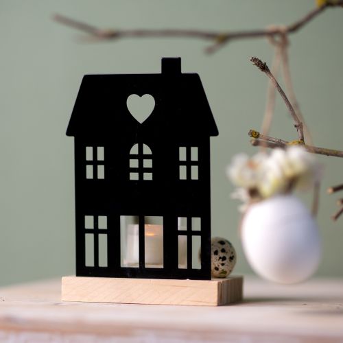 Lantern House Metal Black with Wooden Base H15cm 2pcs
