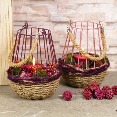 Product Lantern with handle and glass purple natural Ø18cm H22cm