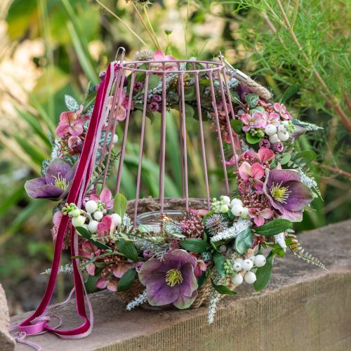 Product Lantern with handle and candle glass pink natural Ø18cm H22cm