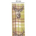 Decorative ribbon with deer head and checkered pattern, 40mm x 15m | Floristik24.ie