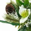 Artificial Christmas rose bouquet with fir and cones H26cm