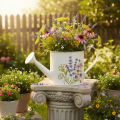 White metal watering can with floral motif, 13.5cm, decorative planter | Floristik24.ie