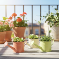 Decorative watering can set in pastel salmon, green, yellow-green - metal planter Ø11cm H10cm, 8 pieces | Floristik24.ie
