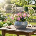 Metal decorative watering can, vintage country style, garden decoration, for planting, silver copper, L41cm Ø26cm H30cm | Floristik24.ie
