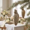 Cones with glitter light gold 14cm 3pcs | Floristik24.ie