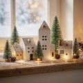 Mini Christmas Village Wooden Decoration White Natural H13/7cm 6 pcs | Floristik24.ie