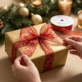Christmas ribbon with stars net red and gold 25mm 18m | Floristik24.ie