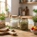 Decorative glass with cork lid and spoon, green, Ø7cm, H10cm, 2 pieces | Floristik24.ie