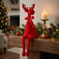 Decorative elk figurine with bow, sitting, flocked shelf sitter, 54cm | Floristik24.ie