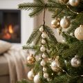 Artificial fir branch with white mini Christmas tree baubles, 46cm, 2 pieces | Floristik24.ie