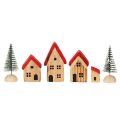 Wooden decorative house set with red roofs and fir trees, 12cm, 6 pieces | Floristik24.ie