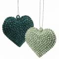 Floristik24 Glitter heart set to hang emerald, ice blue 6cm x 6.5cm 12pcs