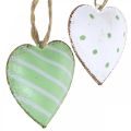 Floristik24 Metal hearts for hanging, Valentine&#39;s Day, spring decoration, heart pendant green, white H3.5cm 10pcs