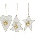 Floristik24 Christmas pendant heart / fir / star, wood decoration, tree decoration with bells white, golden H14.5 / 14 / 15.5cm 3pcs