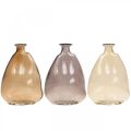 Mini vases glass decorative vases yellow, purple, brown H12cm 3pcs